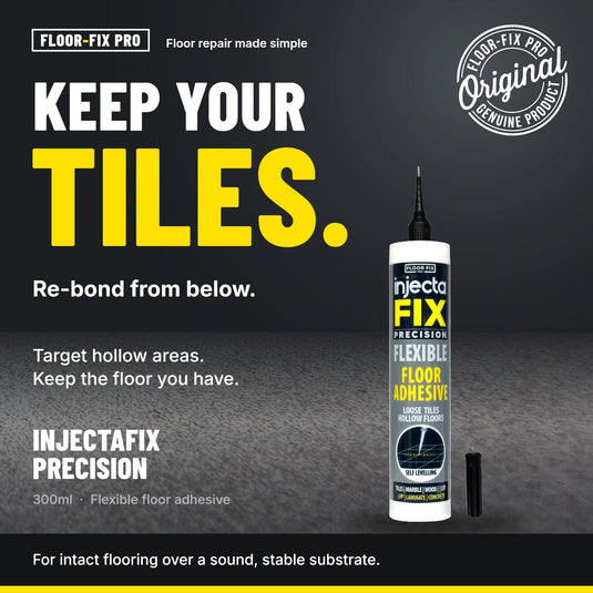 Injectafix Pro fixes loose and hollow floor tiles from below, without lifting them