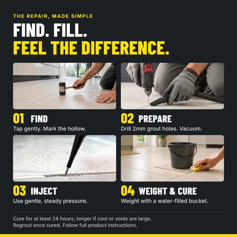Laden Sie das Bild in Galerie -Viewer, How to fix a loose tile in 4 steps: find the hollow tile, drill a 2mm hole, inject Injectafix, weight and cure
