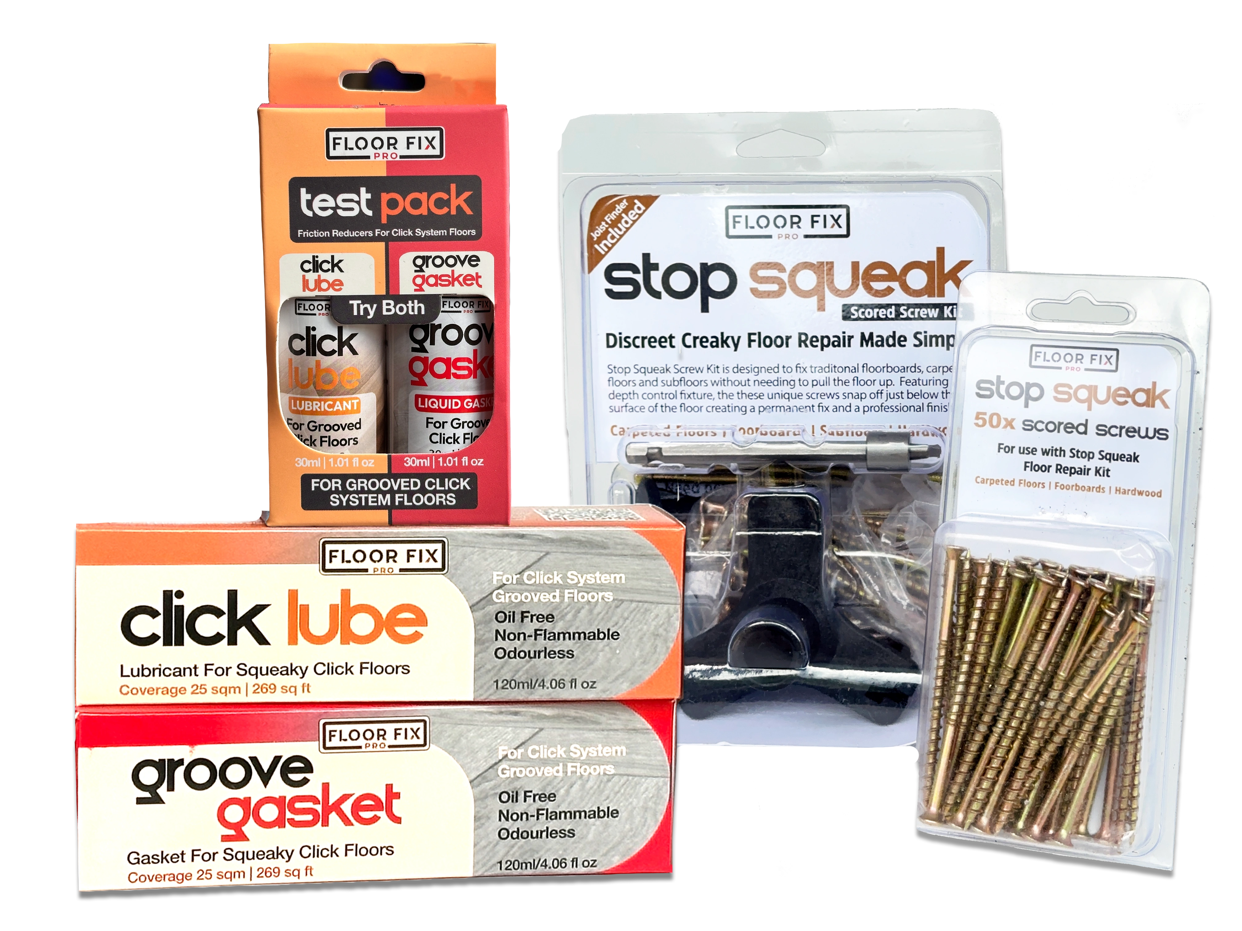 Squeaky floor products: Test Pack, Click Lube, Groove Gasket, Stop Squeak repair kit and scored screws